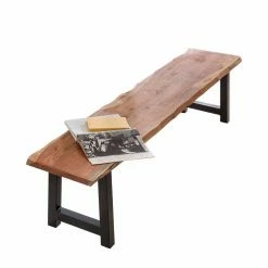 Auslauf ? Esstischgruppe Sadello Mit Baumkanten Tisch Und Bank (sechsteilig) ? -Cassna shop esstischgruppe baumkanten tisch und bank akazie massiv schwarze kunstleder stuehle 6 teilig sadello 06