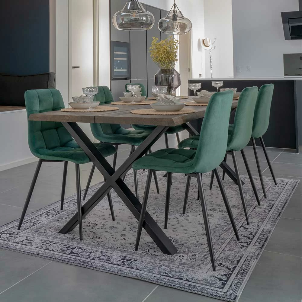 Bestpreis ? X-Fuß-Tisch & Samtstühle - Domniar (siebenteilig) ? 1 Bestpreis ? X-Fuß-Tisch & Samtstühle - Domniar (siebenteilig) ?